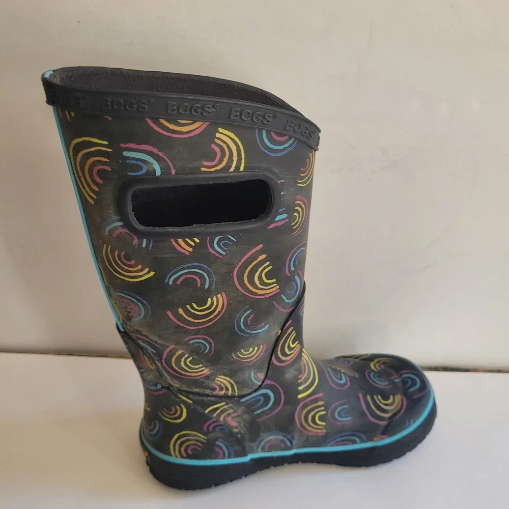 Bogs Rain Boots Youth 1 Black Wild Rainbow Waterproof Pull On